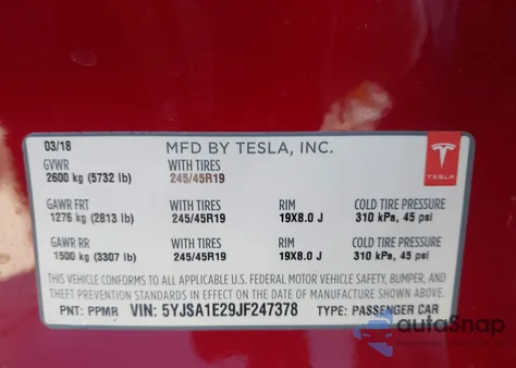 2018 Tesla Model S 100D/75D/P100D из США, поврежденный, VIN 5YJSA1E29JF247378